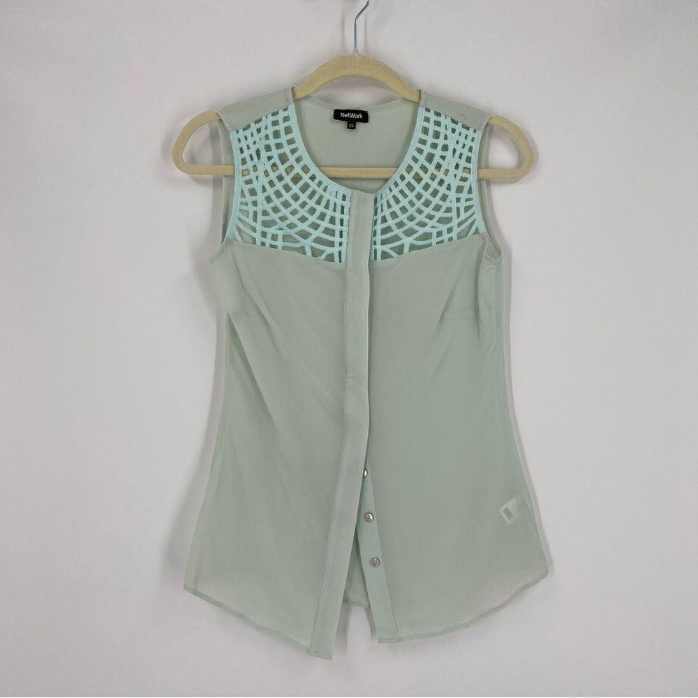 Network Women’s Crew Neck Hidden Button Front Mesh Shoulder Sheer Blouse XS Mint
